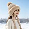 Gorro de felpa cálido de invierno para proteger las orejas para mujer, gorro de punto a prueba de frío para esquí al aire libre, forrado de felpa y engrosado, hace que la cara se vea más pequeña, gorro de lana