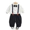 Comércio Exterior Roupas Infantis Primavera e Outono Terno para Meninos Estilo Cavalheiro Camisa Estampada Integral Gola Barco Gravata com Suspensórios Conjunto de Duas Peças Estilo Britânico