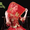 Velo Rojo Novia Principal Vestido de Novia Boda China Xiuhe Uso Verano Cubre-cabeza Rojo Bufanda Feliz Velo Semitransparente