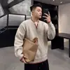 Suéter de tricô com gola V em blocos de cor estilo retrô americano, costurado à mão, para homens, outono e inverno, pesado, casual, solto, quente, versátil