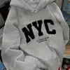 Transfronteriza Talla Europea Sudadera con Capucha para Mujer Patrón NYC Azul Claro Oversize Hombro Caído Ligera