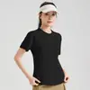 Camiseta de manga corta elástica de secado rápido estilo Lulu con sensación de hielo y doble curva para mujer, top deportivo y de fitness ajustado para verano