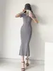 Vestido Elegante Europeu e Americano de Manga Curta com Cauda de Peixe Verão Novo Vestido Suéter com Gola Polo Ajustado Cintura Justa Emagrecimento Vestido Tricotado