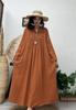 Nuevo Vestido de Doble Capa de Gasa de Algodón Retro de Primavera y Otoño Color Sólido Cuello en V Manga Larga Falda Larga Holgada Talla Extra Adelgazante