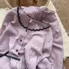 Pijama Roxo de Bolinhas com Renda Doce Estilo Coreano Cardigã de Manga Longa Calça Longa Conjunto de Duas Peças Roupa de Casa Primavera e Outono