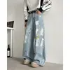 Jeans de pierna ancha geométricos estilo hip-hop americano para hombre, corte holgado, lavados, diseño de alta costura, pantalones largos rectos hasta el suelo