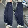 Calça Wide Leg Nova para Meninas Primavera e Outono Estampa de Laço Azul Acabamento em Renda Calça Longa Casual Para Crianças de Meia-Idade e Mais Velhas Estilosa