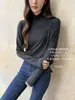 32032 # Nueva camisa base de lana de gasa ligera de color liso y cuello semi-alto, cómoda y suave, de manga larga, elástica, top adelgazante para mujer