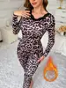 Conjunto de Ropa Interior Térmica para Mujer Otoño e Invierno Transfronterizo Europeo y Americano, Forrado de Polar y Engrosado, Estampado de Leopardo Top y Pantalón