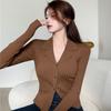 Camiseta de Punto Sexy Vintage con Solapa de Manga Larga para Chicas Calientes Otoño Nuevo Ajuste Ceñido Adelgazante Pura Pasión Nicho Cárdigan Top