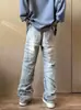 Jeans Americano Retro Transfronteiriço Resistente Desgastado com Linhas Desfiadas Corte Justo Lavado Emagrecedor e que Aumenta a Altura Micro Flare