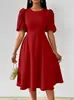 En Stock Ropa Europea y Americana Transfronteriza para Mujer Amazon Verano Nueva Moda Elegante Color Sólido Cuello Redondo Línea A Vestido de Manga Corta