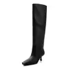 Botas de Caballero de Cuero Genuino para Mujer Botas Altas Largas Estilo Nuevo Botas de Tacón Alto Fina de Piel de Vaca Cuadradas de Punta Botas Altas hasta la Rodilla sin Cordones Botas de Caña Recta