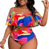 Traje de baño de una pieza Langxin 2026 Nuevo estilo europeo y americano Talla grande para mujer con volantes y diseño de hombros descubiertos, Traje de baño transfronterizo de Amazon