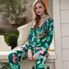 [Loro Verde] Pijama para Mujer Otoño Seda de Hielo Primavera y Otoño Manga Larga Ins Delgado Conjunto Ropa de Casa de Seda Otoño