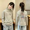Camiseta Térmica Casual de Manga Longa para Meninas Outono/Inverno Novo Estilo Gola Meia-Alta Top Felpudo Roupa Íntima Listrada para Bebê