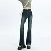 Jeans Feminino Cinza Elástico de Cintura Alta para Controle da Barriga Emagrecimento Valorizador Flare Versátil Tendência Resistente para Comércio Exterior Transfronteiriço Europeu e Americano