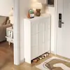 Zapatero estilo crema con puerta abatible para entrada de casa, mueble de recibidor integrado, ahorra espacio, ultradelgado, zapatero de múltiples niveles