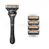 Navaja de afeitar manual para hombre de cinco hojas con mango de metal negro puro y cuchillas de acero inoxidable multicapa