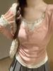 Blusa de Dos Piezas Falsas con Botones Florales para Mujer, Primavera 2026, Corte Ajustado, Estilo Dulce Bm, Camiseta Base de Capa Interior, Camiseta de Manga Larga