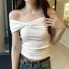 Figura oficial [algodón acanalado de color] Camiseta de temperamento francés para mujer diseño de verano top con cuello de lazo