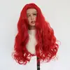 Peluca larga, ondulada, de encaje frontal rojo con aspecto natural, de raya libre, acabado mate y fibras sintéticas de alta temperatura
