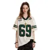 Camiseta de punto de manga corta retro americana para mujer, estilo high street de verano, malla con bloques de color, corte holgado, top deportivo de punto con cuello en V