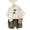 Traje de Niño Verano Nuevo Estilo Estilo Coreano Camisa Hueca de Manga Corta para Niños Pequeños y Medianos, Moda para Bebé Conjunto Holgado de Dos Piezas