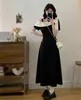 Vestido Feminino Plus Size 2026 Elegante com Bolinhas Babados Ombro a Ombro Color Block Cintura Marcada Estilo Francês em Modelos Longo e Curto