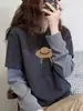Camiseta de Manga Larga a Rayas Falsa de Dos Piezas Engrosada de Terciopelo Alemán Cepillado para Mujer, Camisa Base Versátil de Moda para Primavera, Otoño e Invierno