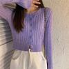 Cardigan de Punto Retorcido Versátil de una Sola Fila Europeo y Americano para Mujer Suéter de Color Sólido de Cintura Alta Ajustado Cuello Redondo Manga Larga