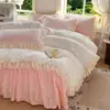 2026 Novo Estilo Francês Luxo Leve Cetim Jacquard Bordado de Renda Estilo Princesa Saia de Cama Conjunto de Quatro Peças