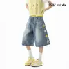Shorts Jeans Rasgado de Perna Larga com Bordado de Estrela para Mulheres e Homens, Verão Solto Reto de Comprimento Médio Casual Versátil Calça Cropped