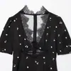 Nssf Vestido Largo Sexy de Encaje Empalmado con Cuello en V y Mangas Abullonadas Nuevo para Mujer Estilo Europeo y Americano Exportación Casero
