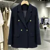 Blazer azul marinho de luxo leve estilo coreano para mulheres, terno casual de abotoamento duplo dourado, roupas femininas para o dia a dia com modelagem slim, tamanhos grandes