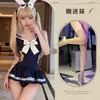 Lencería Sexy Loveless Sleepless Deseo Puro Uniforme de Conejita de Campus Traje de Baño Abierto en la Entrepierna para No Quitarse Traje de Baño de una Pieza con Tirantes para Mujer Qqny