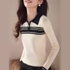Suéter de gola polo com zíper e meio zíper, blusa de malha listrada com ombro frontal, camisa elegante com base de lantejoulas, primavera e outono de 2025