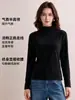 Camiseta básica de cuello medio para mujer para otoño e invierno, camiseta de manga larga ajustada de mezcla de lana, forrada de polar y engrosada para abrigar