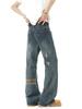 Jeans Rasgados de Parches de Marca de Moda Estilo Hong Kong para Hombre, Pantalones Rectos Frescos de Calle de Corte Limpio Retro Americano