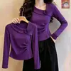 Gola assimétrica, enfeite floral 3D, camiseta plus size de manga longa, top plissado feminino slim novo para primavera/outono