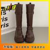 2025 Novas Botas de Cowboy Ocidental Cavaleiro Botas Altas Estilo Preppy Botas de Moda Botas Femininas Fivela de Cinto Outono e Inverno