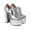 Nuevos Zapatos Británicos de Primavera y Otoño para Mujer Escama de Pez Lentejuelas Cordones Boca Profunda de una Sola Capa Plataforma de Agua Tacón Grueso Tacones Altos Zapatos de Escenario