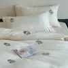 Juego de 4 Piezas de Algodón Satinado 100S de Fibra Larga con Bordado de Conejito Súper Lindo, Estilo Femenino, Ropa de Cama de Algodón Puro para Dormir Desnudo