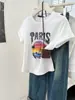 Camiseta de manga corta de algodón puro con estampado de estilo occidental para mujer, estilo europeo de verano 2024, corte entallado, con media manga y hombros descubiertos