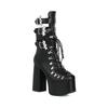 Botas de Salto Grosso Ultra-Alto com Solado Grosso, Botas de Couro Envernizado Pretas com Fivela e Bico Quadrado, Sapatos de Algodão Quentes Forrados com Lã, Botas de Cano Alto