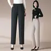 Pantalones rectos hechos a medida para mujeres de mediana edad y mayores, nuevo estilo de otoño, cintura alta, corte holgado, efecto adelgazante, cintura elástica, color café, estilo casual