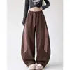Calça Jogger Casual Retro Americana com Blocos de Cor Estilo Preguiçoso Três Listras Feminina Diária Solta com Caimento e Cordão