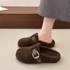 Pantuflas de Medio Zapato Mocasines Moda Punta Cerrada Forro de Lana de Cordero Hebilla de Cuero 2026 Pantuflas de Algodón Split Sintético Para Exteriores Invierno