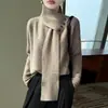 Suéter de tricô de lã pura estilo cachecol casual para mulheres, moderno e elegante, com design de gola alta e decoração de botões, caimento solto