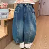 Calça Jeans Feminina Primavera e Outono 2026 Novo Estilo Crianças Pequenas e Médias Calça Longa de Perna Larga Roupas de Outono para Bebê Calça Bordada de Faca Curva